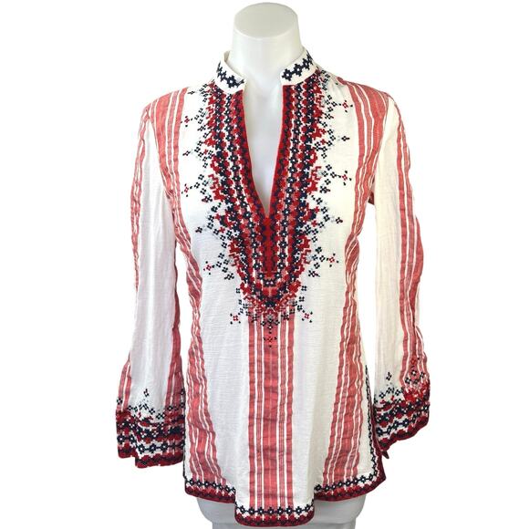 Tory Burch Red White Striped Embroidered Long Sleeve Tunic Blouse Top Size S - Picture 1 of 5
